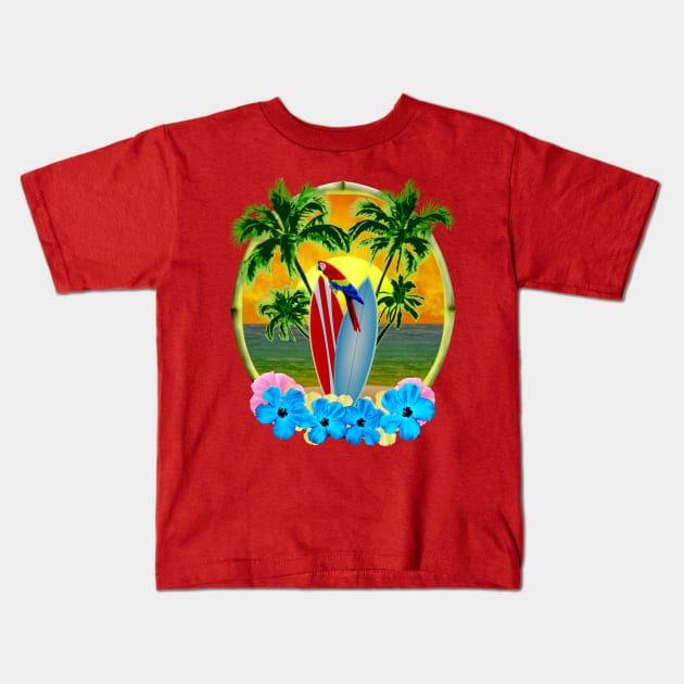 Surfing Beach Sunset Kids T-Shirt by macdonaldcreativestudios